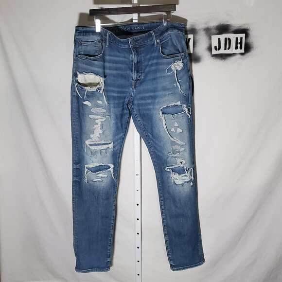 American Eagle Next Level Slim Destroyed Patched Jeans from 2020 -Mens 40x34 - Picture 2 of 16